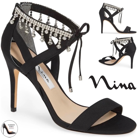 Nina Collina Black Satin Heeled Sandals Evening Stiletto Heel Pump Dress Shoes 8 - Picture 1 of 8